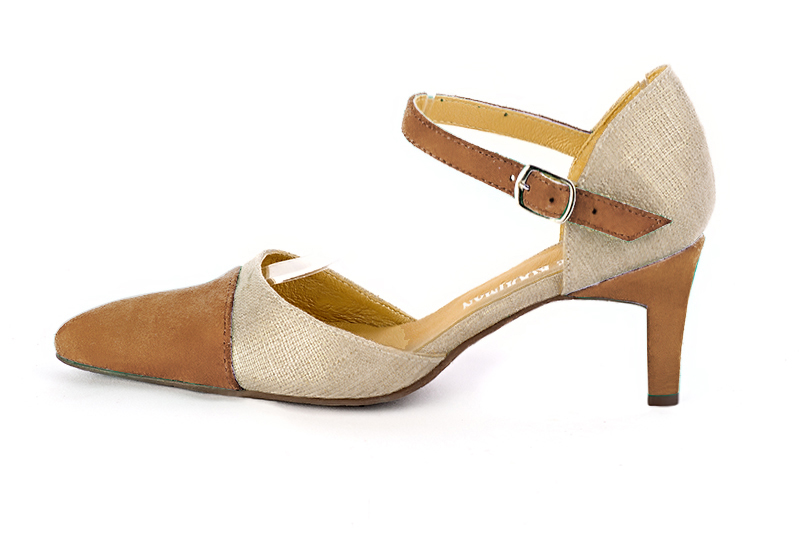 Camel beige and gold women's open side shoes, with an instep strap. Tapered toe. Medium comma heels. Profile view - Florence KOOIJMAN